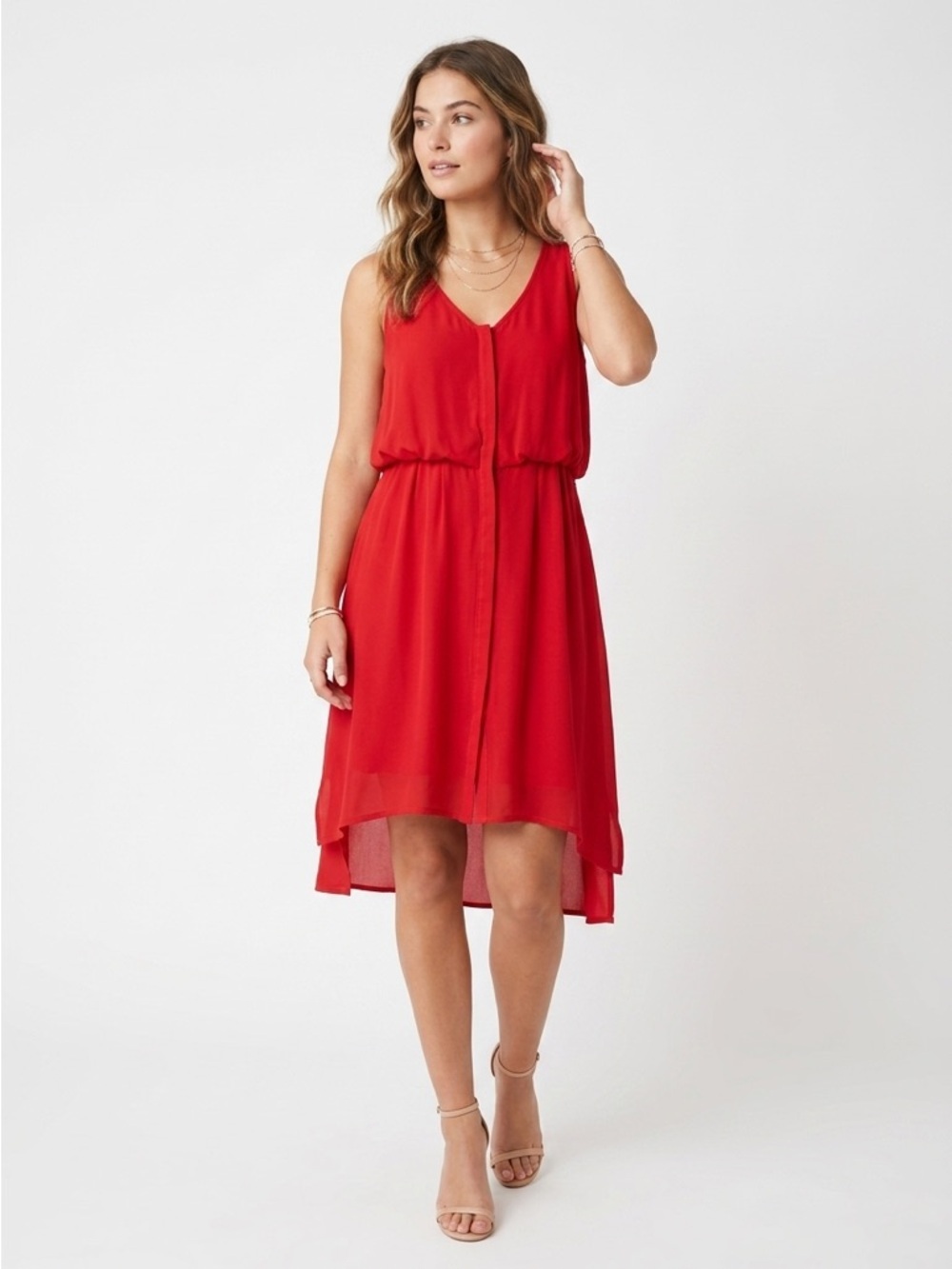 The Letter High Low Dress V-Neck Hidden Button Silk Red XS